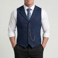 Lancaster waistcoat in Midnight Navy worn by a model