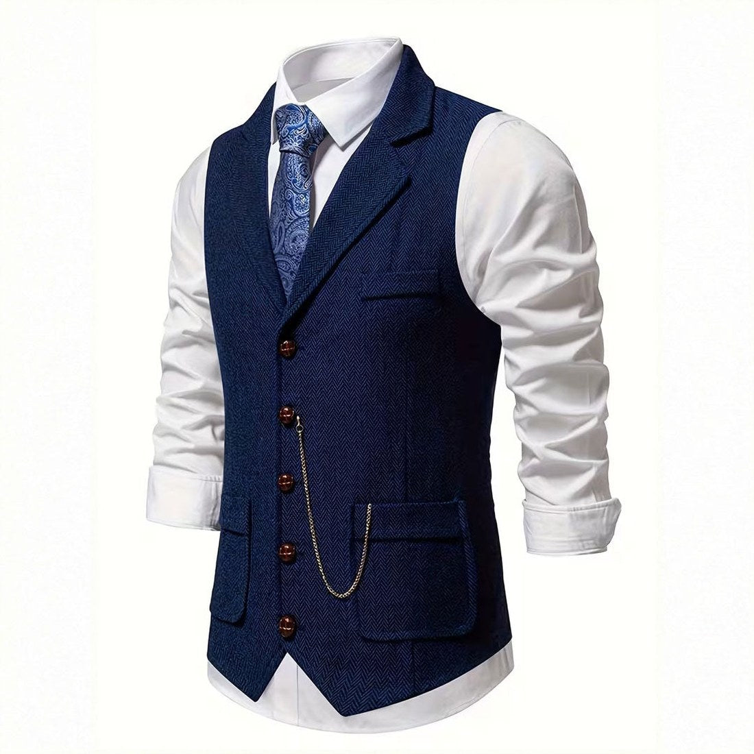Lancaster waistcoat in Midnight Navy, fabric and chain detail