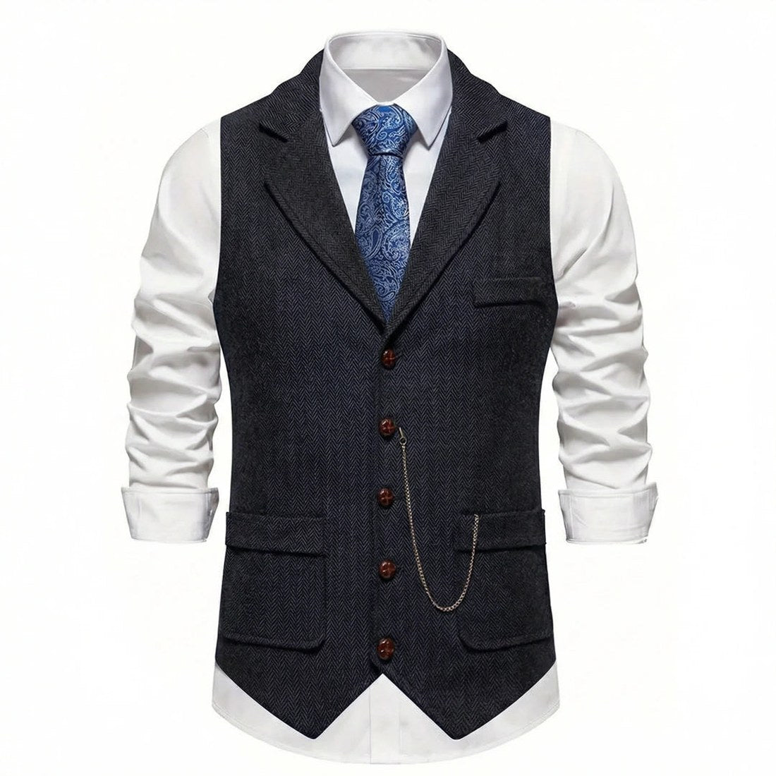 Lancaster waistcoat in Midnight Black, front view